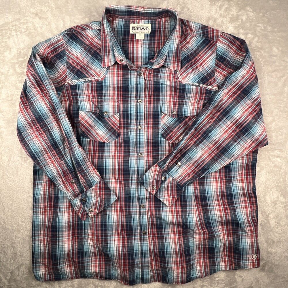 Ariat Women’s Western Plaid Button Down Shirt Blue Red Size 3X